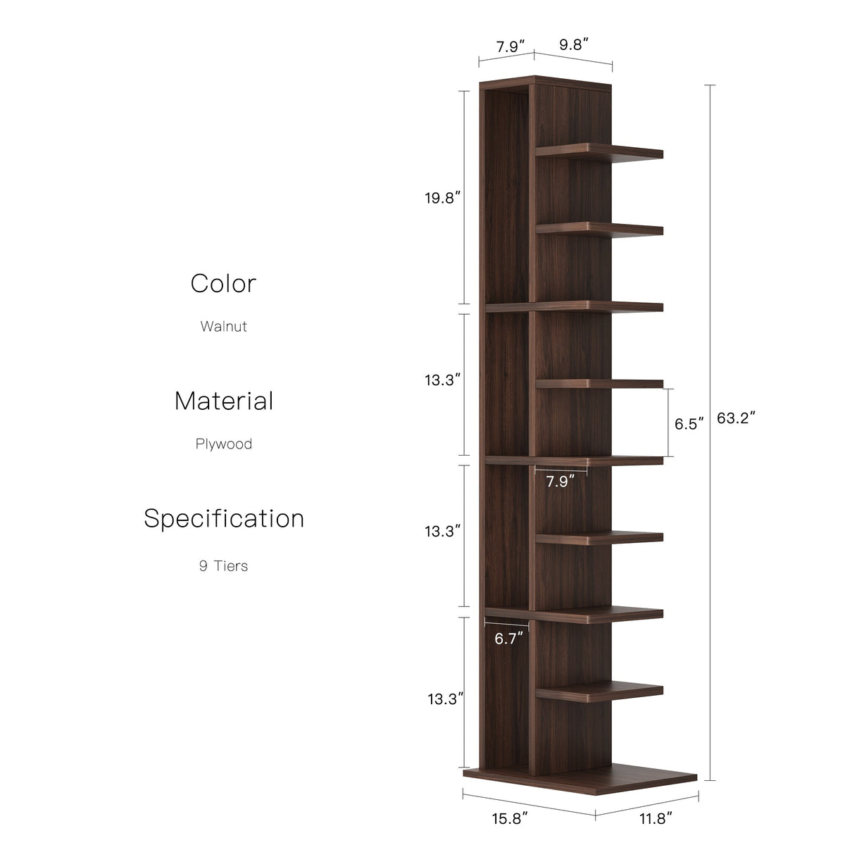 RAZU Chiaroscuro Series Mirage Estante Vertical Invisível Plywood Nogueira 9 Prateleiras