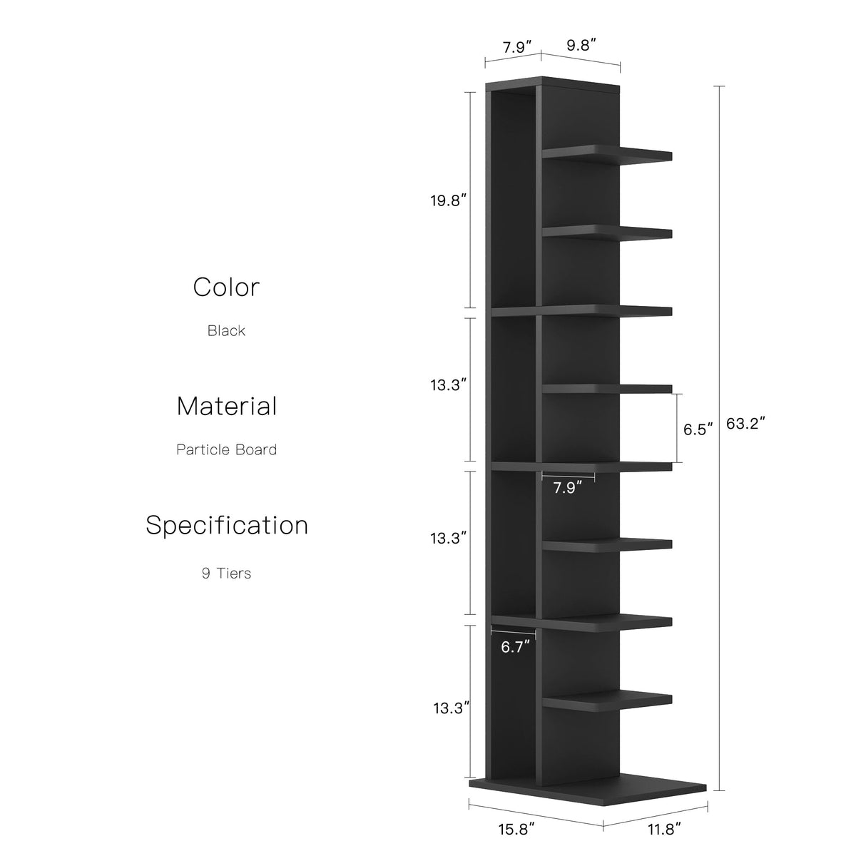 RAZU Mirage Estante Invisível Vertical de Partículas Preta 9 Prateleiras