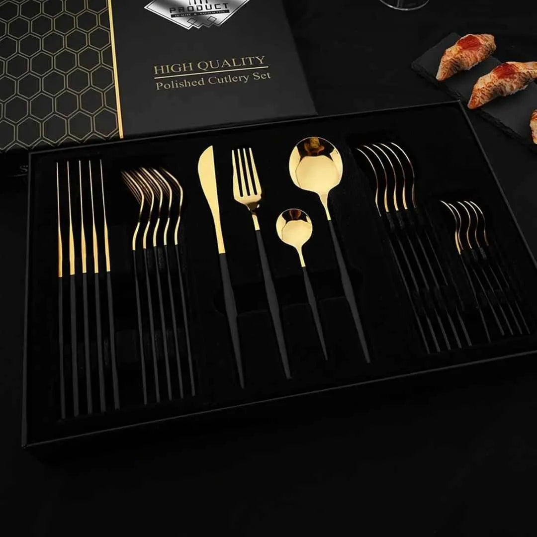 Conjunto de Talheres Dourado Luxy 24 Peças + Brinde Caixa presente - Razu