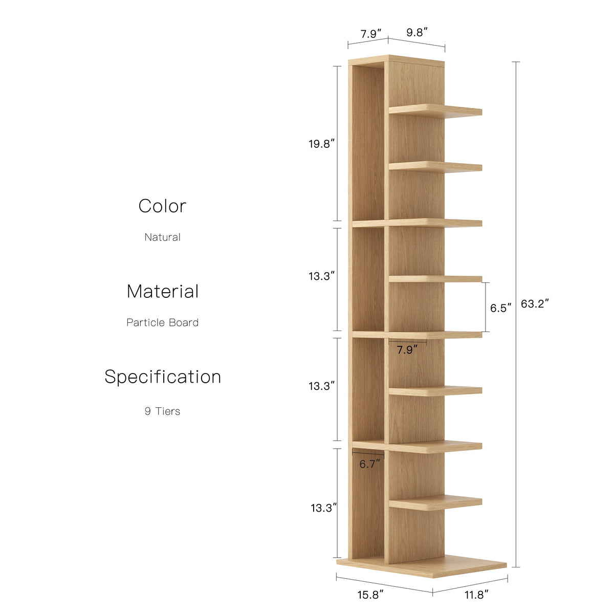 RAZU Mirage Estante Invisível Vertical Giratória 360° Painel de Partículas Natural 9 Prateleiras